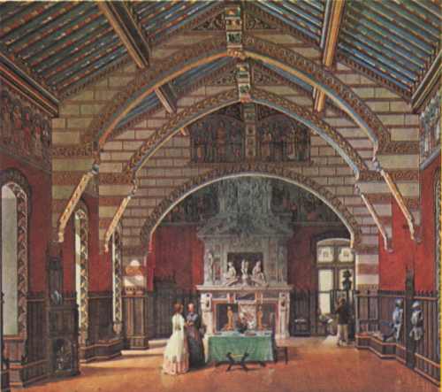 Projet pour l'immense salle synodale. La chemine Renaissance (6m de haut) a t conserve mais seules les boiseries et une vitrine ont t excutes.